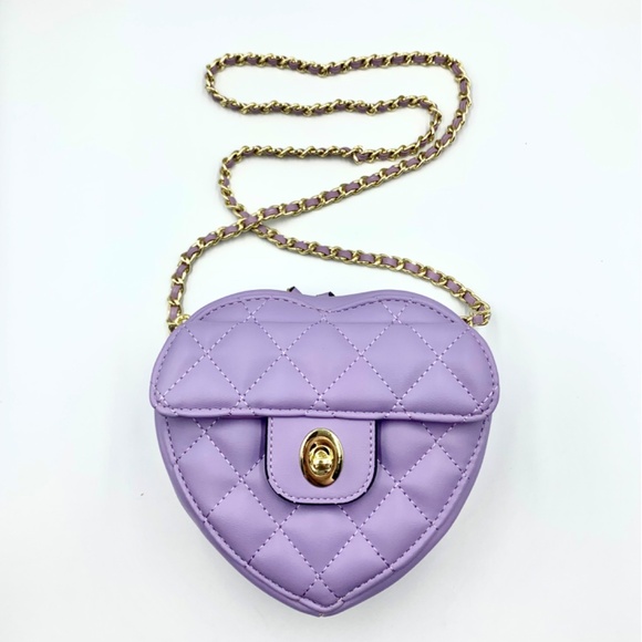 Purple quilted heart shape crossbody/shoulder bag gold-tone chain zipper closure - Picture 2 of 13
